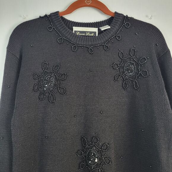 Vintage Beaded Crew Neck Pullover Sweater size S black 80s 90s ramie blend, New - Picture 2 of 8
